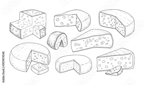 Assortment of hand drawn cheese wedges and wheels with holes food dairy vintage retro