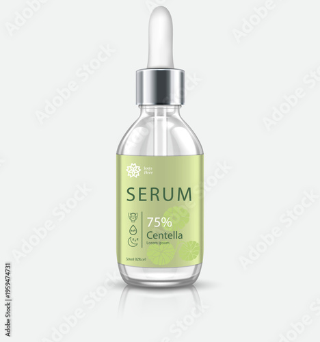 Glass serum bottle, green label, 75% Centella, skincare product, beauty treatment