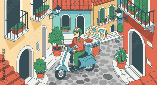 Illustration of a delivery person riding a scooter through a colorful, narrow European-style street with potted plants and balconies.
