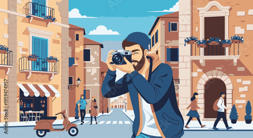 Illustration of a man taking a photo with a camera on a city street with buildings and people in a vibrant, daytime setting.