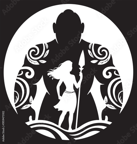 a black and white illustration of a man and a little girl standing together, with the man having tribal tattoos on his arms