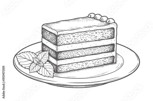 Hand drawn layered cake with mint leaves a plate dessert food sweet pastry