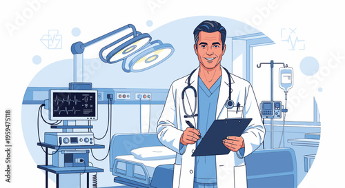 Illustration of a smiling doctor in a white coat holding a clipboard in a hospital room with medical equipment.