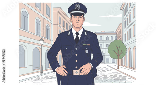 Illustration of a confident police officer standing on a cobblestone street with buildings and a tree in the background, wearing a uniform and hat.