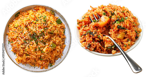 Korean Spicy Rice Bowls – Sesame Seeds and Green Herbs Garnish for Food Blogs, Recipe Websites, and Asian Cuisine Presentations
