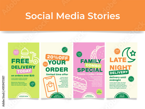 Social media templates for food delivery promoting offers like free delivery and family packs, featuring bright colors and simple designs.