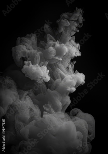 Dynamic swirling gray vapor isolated on black, offering a dramatic misty atmosphere ideal for overlays, textures, and copy space layouts, fume, dark, backdrop