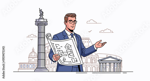 A man in a blue suit holds a large map and gestures with his hand standing in front of a city skyline with buildings and a monument.