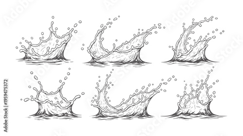 Six distinct hand drawn water splash in monochrome liquid fluid motion