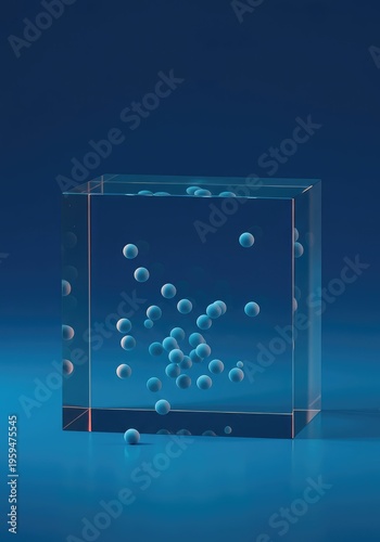 Few small, identical spheres scattered unevenly in a large transparent cube, illustrating low volumetric density and empty space, geometric, isolated, few