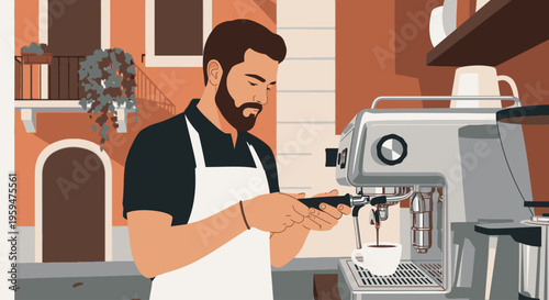 Illustration of a barista in a white apron operating an espresso machine in a cozy cafe setting with warm tones.