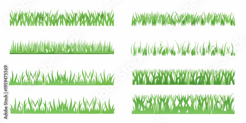 Various arrangements of fresh green grass blades on a white background