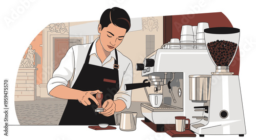 A barista in a white shirt and black apron preparing coffee with a grinder and espresso machine on a counter.