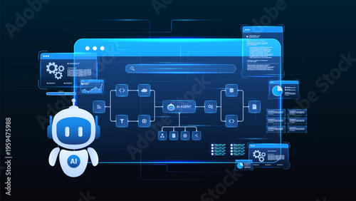 AI workflow automation artificial intelligence. ai agent network diagram dashboard machine learning architecture data pipelines, coding panels, analytics panels and automation system.