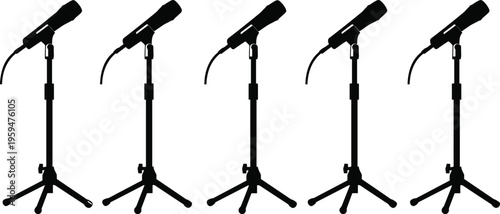 WebMicrophone on stand silhouette set with cable, professional audio equipment vector, live performance, podcasting, speech, and concert stage icons.