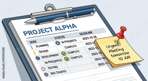 Sticky note on clipboard paper.