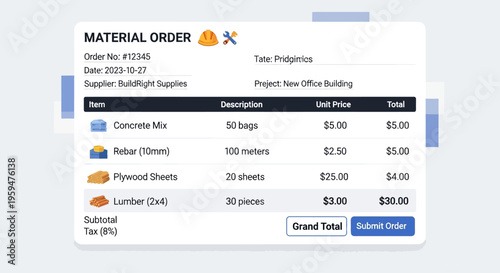 Material order form with details.