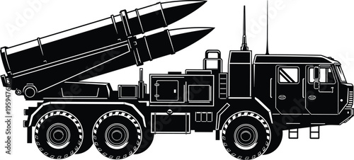 WebMilitary mobile missile launcher truck silhouette, ballistic rocket system on heavy vehicle, tactical army artillery vector for defense and security.