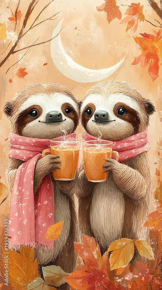 Obraz premium Two cute cartoon sloth in pink scarves drinking Pumpkin Latte against autumn leaves and crescent moon, vertical phone wallpaper background.