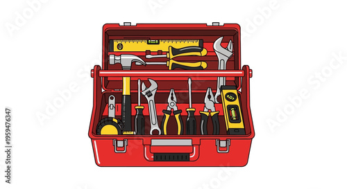 Red toolbox with various tools inside.