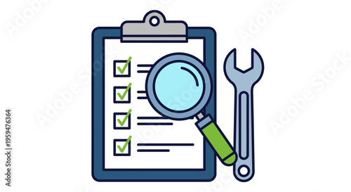 Checklist clipboard with magnifying glass.