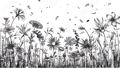 Black and white illustration of grass and flowers in a natural meadow scene
