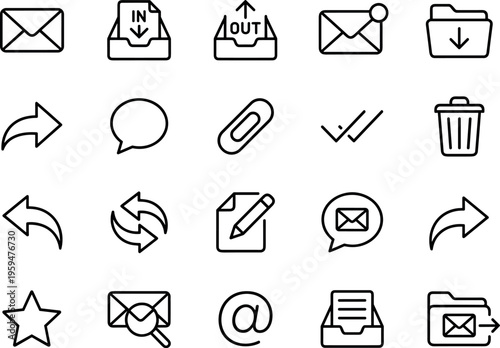 Email communication outline icons set with envelope in box message folder attachment reply forward delete star contact and chat bubble user interface symbols on transparent background