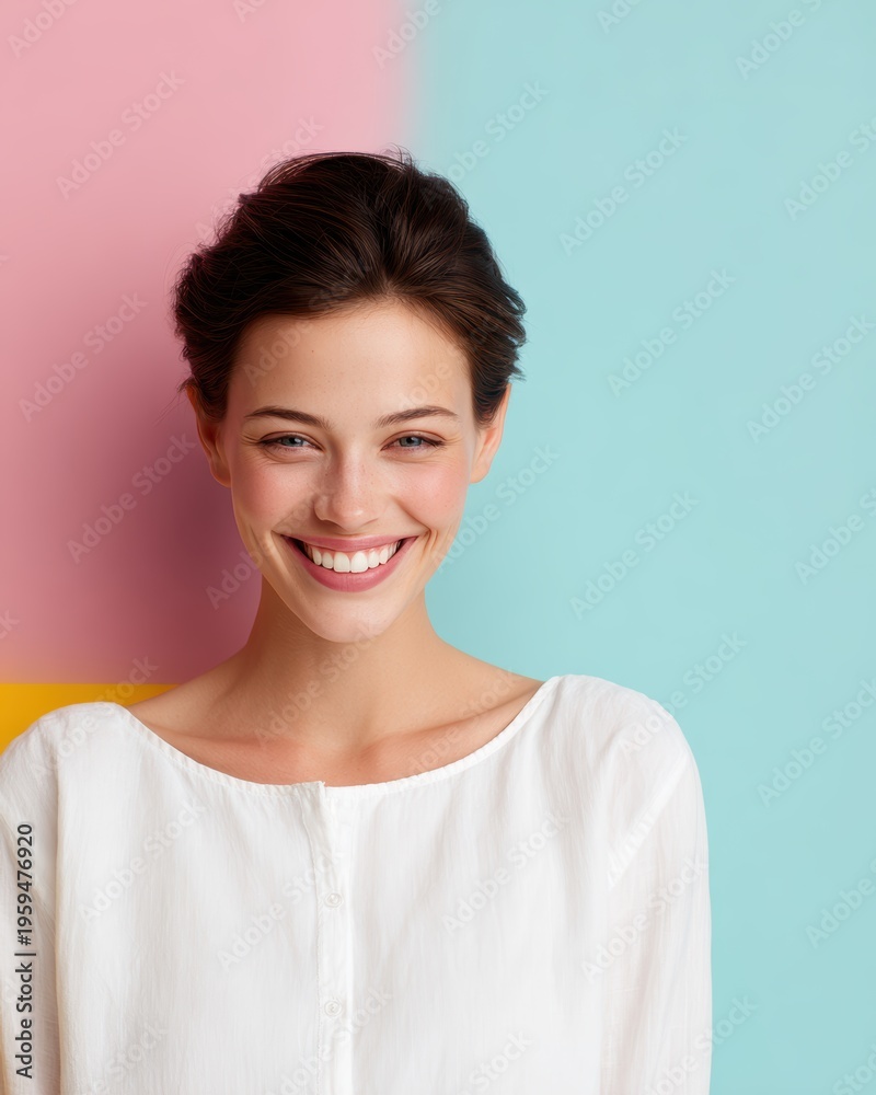 Fototapeta premium Young woman with bright white smile on colorful background, teeth whitening concept