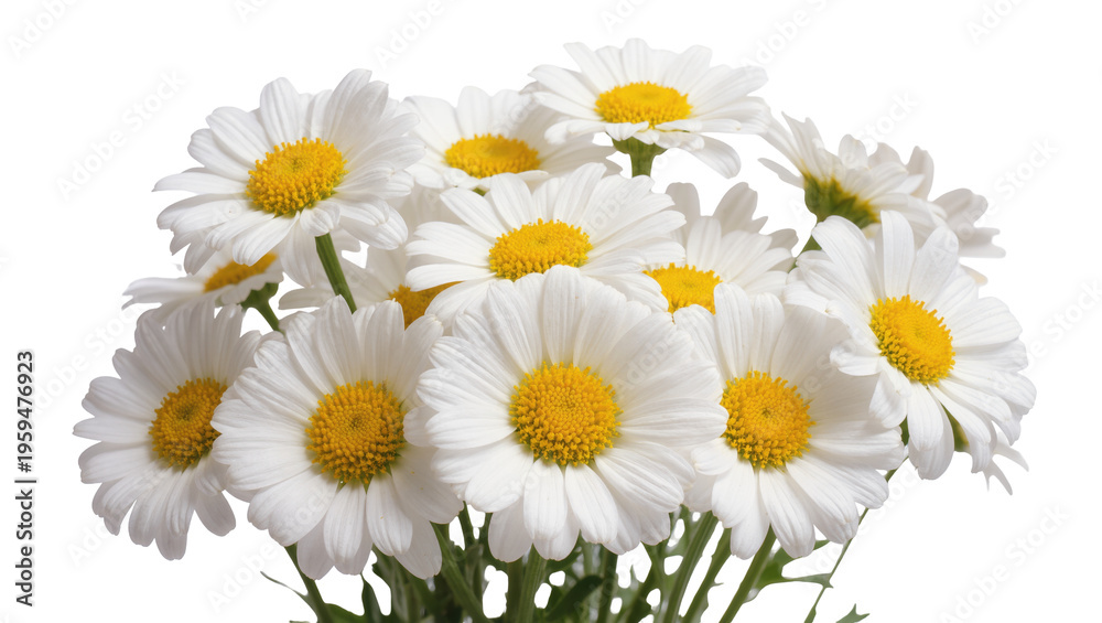 Fototapeta premium Close-up view of fresh white daisy flowers with yellow centers grouped together beautifully