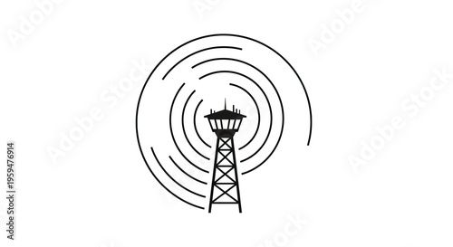 Silhouette of a transmission tower emitting radio waves