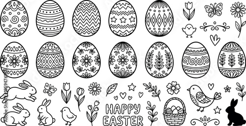 easter egg bunny rabbit chick spring holiday icon set with decorated eggs flowers butterflies birds basket and seasonal ornaments collection illustration on transparent background