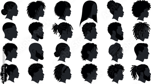 people profile silhouette avatar icon set with diverse men and women hairstyles portraits including afro braids dreadlocks beard bun and ponytail characters illustration on transparent background