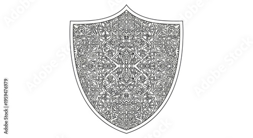 Intricate, geometric, stylized shield design with ornamental patterns