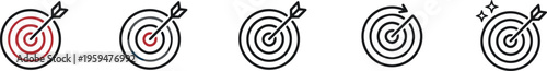 target goal dart arrow bulls eye icon set with aim objective focus success strategy business marketing concept symbols outline illustration on transparent background