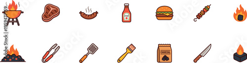 bbq grill barbecue food cooking icon set with steak burger sausage skewer charcoal fire sauce and grilling tools illustration on transparent background