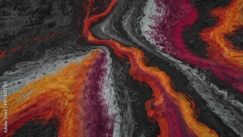 This abstract artwork explores the contrast between hot and cold elements through a color palette of bright orange, magenta red, grayish white, and deep black.