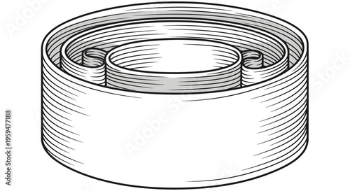 Cylindrical object with concentric spiral inner structure, rendered in black and white