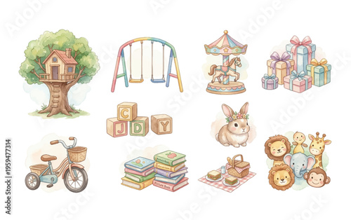 Watercolor Kids Childhood Clipart Set — 10 Cute Toys & Playful Elements PNG SVG Vector Illustration