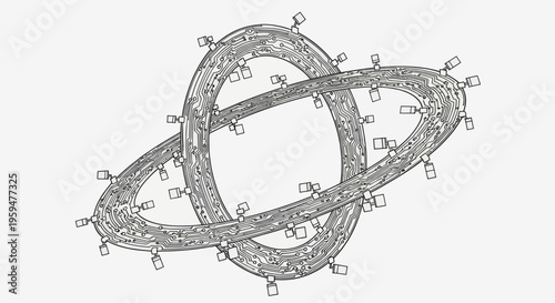 Intertwined circuit boards form a complex, abstract toroidal shape with attached components