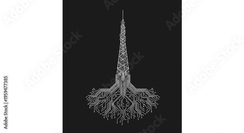 Tower and roots form circuit board pattern on black background