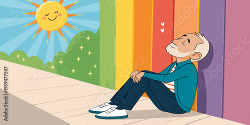 Cute and charming vector illustration of a senior man sitting on the street edge enjoying sunlight with closed eyes 