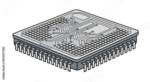 Isometric view of a complex integrated circuit chip with numerous pins and etched circuitry