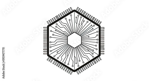 Hexagonal integrated circuit design with radiating circuit lines and pins