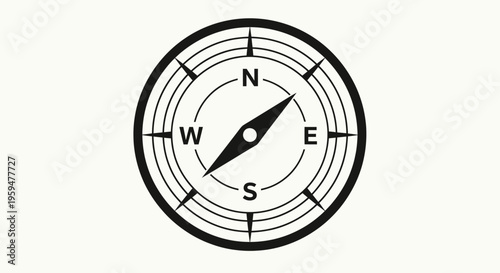 A minimalist black and white graphic compass pointing northwest