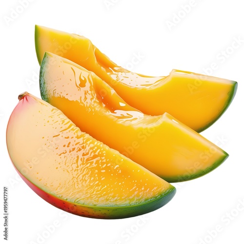 Three delicious fresh slices of ripe juicy mango fruit arranged together on a white background