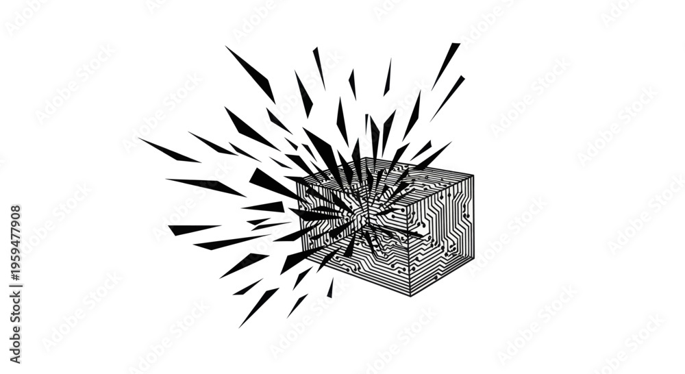 Fototapeta premium Cube with circuit patterns explodes into sharp shards, digital abstract art