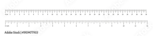 Collection of ruler scale 12 inch and 300mm with numbers. Set of measuring chart with 12 inches and 30 centimeters. Length measurement math, distance, Sewing tool. Ruler scale template..