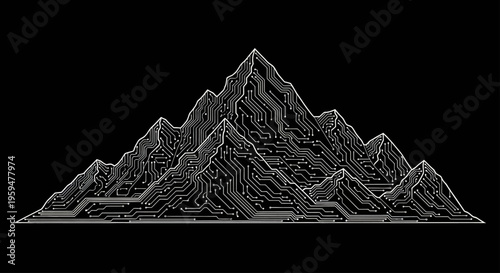 A stark white mountain range silhouette composed of circuit board lines on black