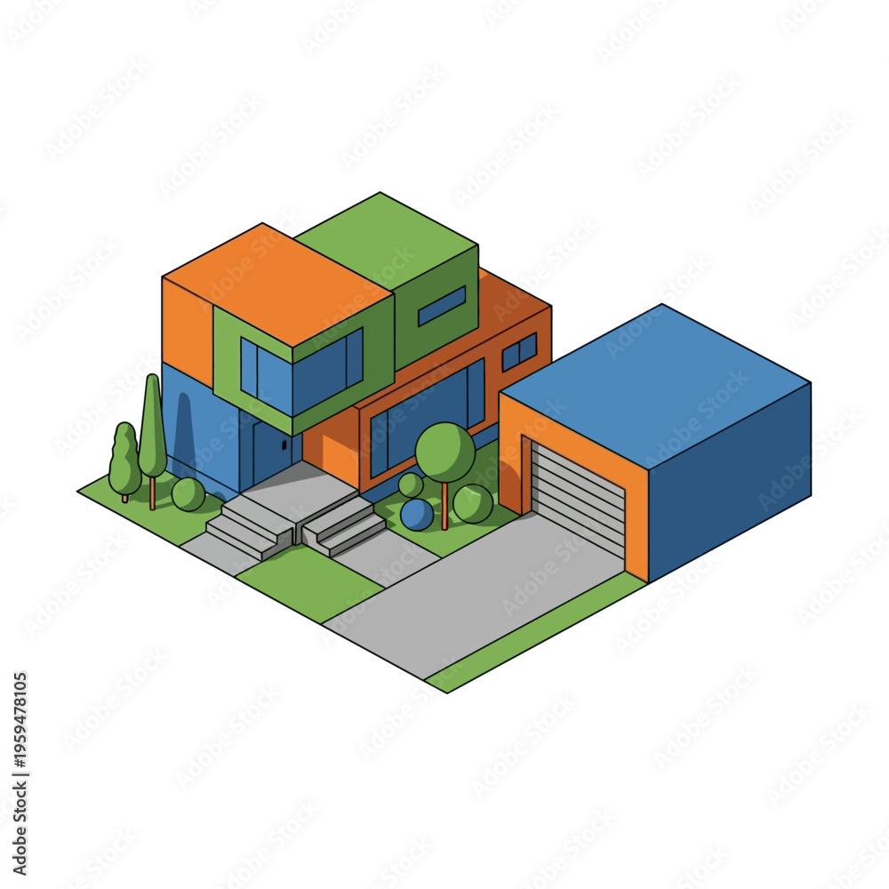 Fototapeta premium A colorful isometric illustration of a modern house with a garage.