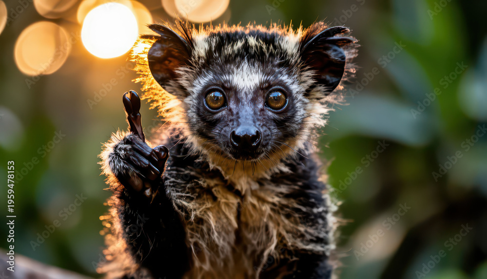 Obraz premium A lemur with large eyes is seen in a natural setting, raising its hand playfully. The lemur's fur is unique and the background is filled with blurred greenery.